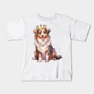 Watercolor Australian Shepherd Dog Wearing a Crown Kids T-Shirt